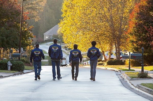 Ben Stiller, Vince Vaughn, Jonah Hill, and Richard Ayoade as members of a neighborhood watch group in the comedy The Watch