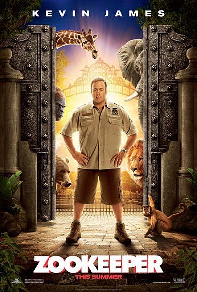 Griffin the zookeeper surrounded by talking zoo animals in Zookeeper