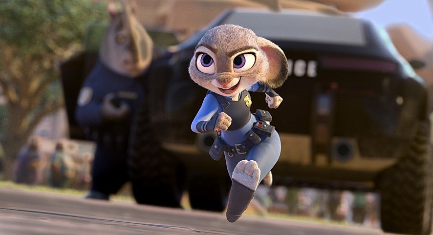 Judy Hopps and Nick Wilde standing together in the animated city of Zootopia